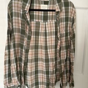 American Eagle Green & Pink Plaid Boyfriend Shirt